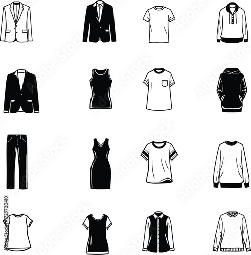 Fashion Essentials Icon Doodle Set – Black and White Vector Illustrations of Tops, Bottoms, Jackets, and Casualwear