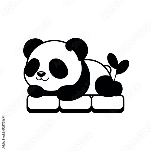 vector concept for cute panda bear resting on bricks with plant