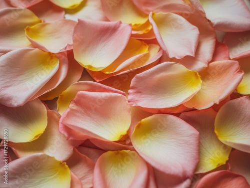 Scattered rose petals with soft pink and yellow gradient hues fill the frame