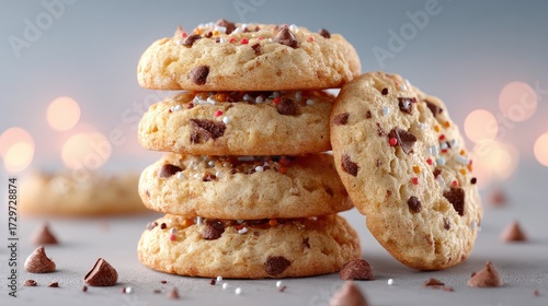 Stack of Chocolate Chip Cookies with Sprinkles on a Soft Gray Background with Bokeh Lights Cinematic Food Photography