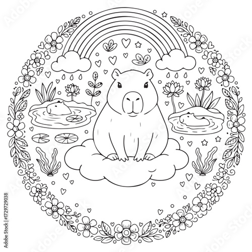 A charming black and white mandala style outline featuring a cute capybara sitting on a cloud with a rainbow, surrounded by water, lily pads, and a detailed floral wreath border.