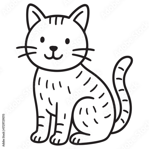 A simple, smiling cartoon cat with stripes and a long tail, sitting upright. A clean outline drawing perfect for a children's easy coloring page or sticker.