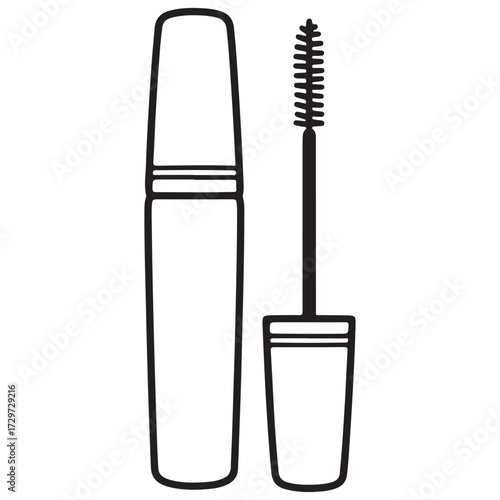 A simple black and white line art outline of an open mascara tube with the cap off and the brush or wand held beside it, ready for coloring or use as a beauty graphic.