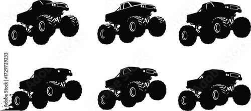 Monster truck silhouette, big wheel vehicle, extreme offroad automobile, powerful truck graphic, racing car illustration, dirt road transport, adventure driving 