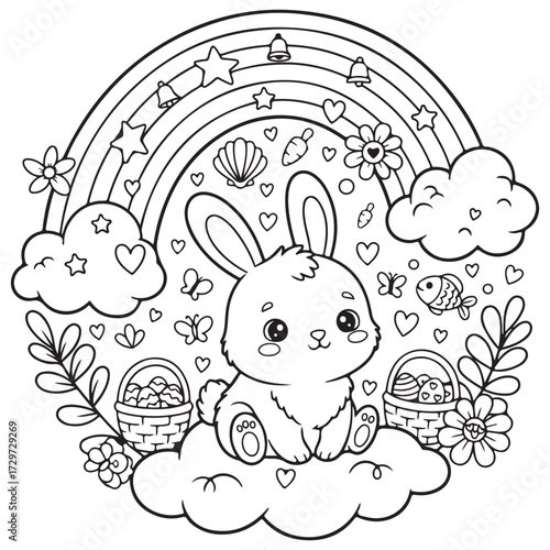 An adorable bunny sitting on a cloud beneath a rainbow, surrounded by Easter eggs in baskets, butterflies, hearts, and flowers. A detailed outline for coloring.