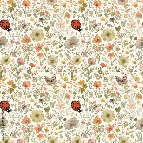 Floral pattern with butterflies and ladybugs on a light background.