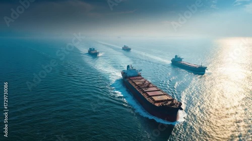 Maritime Armada: A convoy of colossal cargo ships navigates the tranquil waters of the open sea, showcasing their role in global commerce and trade in this photorealistic image.