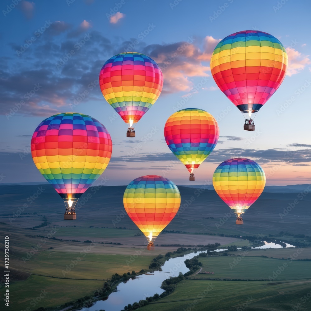 Obraz premium Six vibrant rainbow hot air balloons ascend over a winding river and green landscape at dusk
