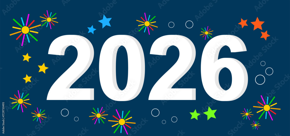 Naklejka premium 2026 New Year Celebration Background with Fireworks, Stars, and Decorative Circles on Dark Night Sky – Festive Party Poster Design