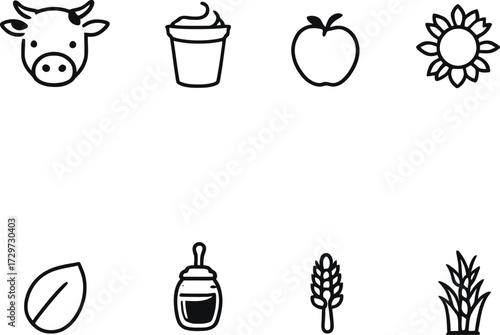 Farm & Nature Icon Doodle Set – Black and White Vector Illustrations of Produce, Dairy, Grains, and Sweeteners