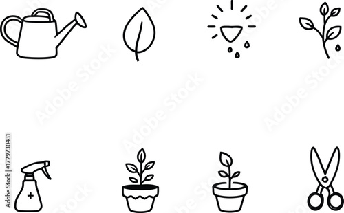 Gardening Essentials Icon Doodle Set – Black and White Vector Illustrations of Tools, Plants, and Sunlight