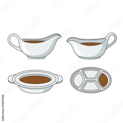 Four different views of white gravy boats and serving dishes filled with brown sauce.