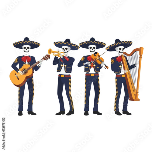 Four skeleton mariachi musicians playing instruments, dressed in traditional attire, on a white background.