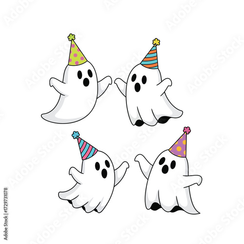 Four friendly cartoon ghosts wearing party hats, happily floating and celebrating.