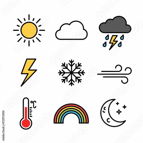 Collection of colorful weather icons representing various atmospheric conditions and symbols