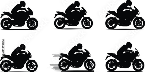 Motorcycle rider silhouette, fast sportbike racing vector, biker speed action illustration, motorbike transport graphic, extreme sport design, competition racing symbolMotorcycle rider 
