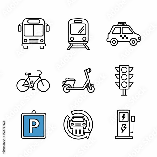 Diverse urban transport icons: bus, train, taxi, bike, scooter, traffic lights, parking,