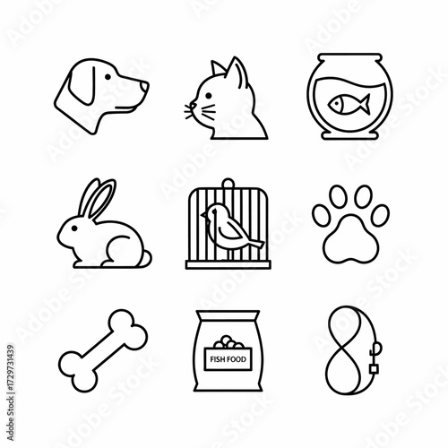 Collection of cute animal icons representing common household pets and supplies minimalist style