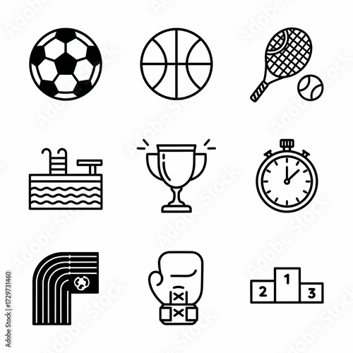 Diverse sports equipment line icons symbolizing athleticism and recreational activities set