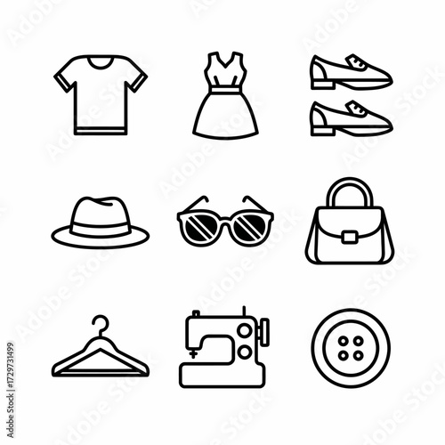 Collection of stylish fashion and sewing icons featuring garment and accessory designs