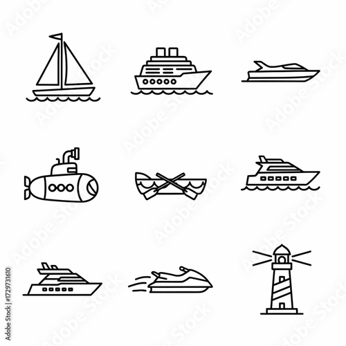 Diverse marine vessel icons showcasing various watercraft and maritime navigation aids neatly