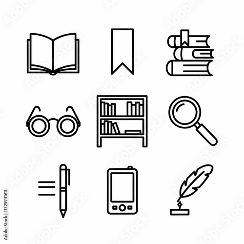 Collection of educational and literary line icons representing knowledge and learning