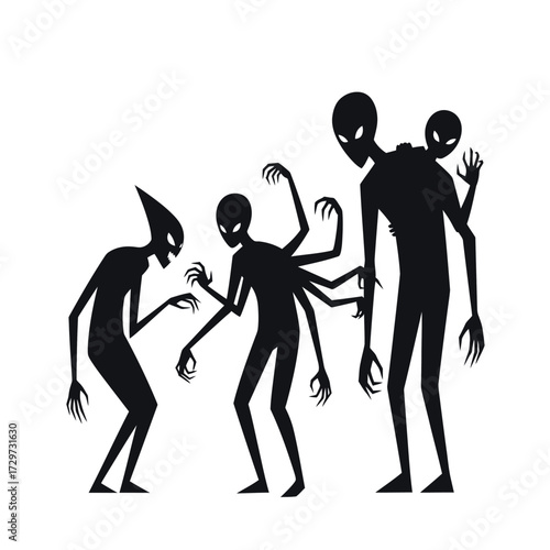 Three alien-like figures with unique features stand against a white background. One has a pointed head, another has multiple arms, and the third has two heads.