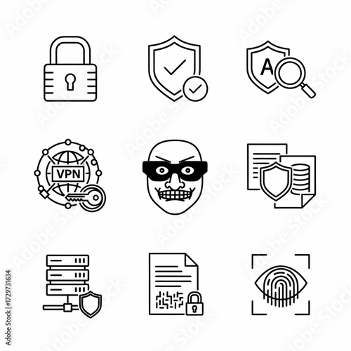 Collection of security icons representing digital safety and protection measures online