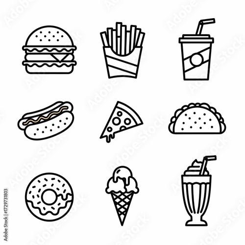 Black and white line art of various fast food items including burger and fries