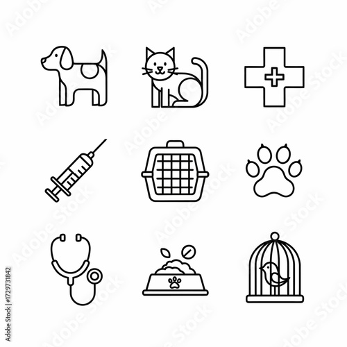 Veterinary care symbols showcase a range of animals and medical line icons for clinics