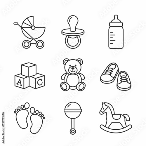 Charming baby icons set depicting newborn essentials and childcare items for parents