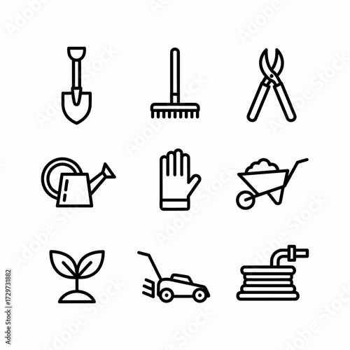Gardening essentials vector icons depicting various tools equipment for outdoor activities and