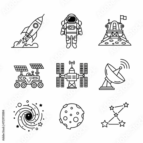 Outlined Space Exploration Icons Displaying Rocket Astronaut Lunar Module and Celestial Objects