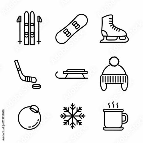 Minimalist winter sports and holiday icon set featuring skiing, snowboarding and ice skating