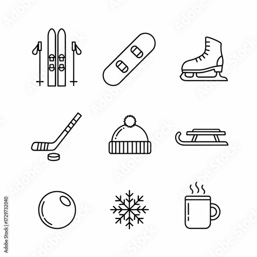 Various winter sports and activities equipment outlined in a minimalist style illustration
