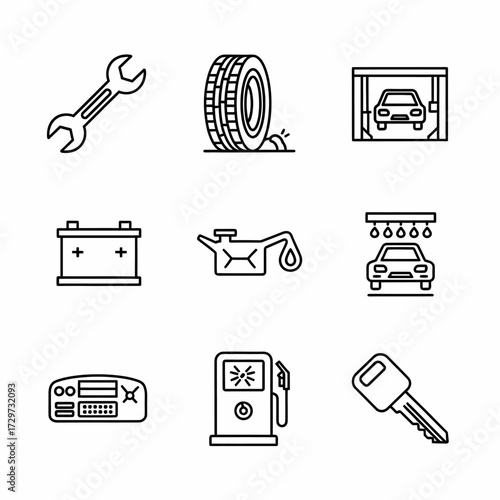 Automotive maintenance and repair icon set illustration highlighting vehicle service items