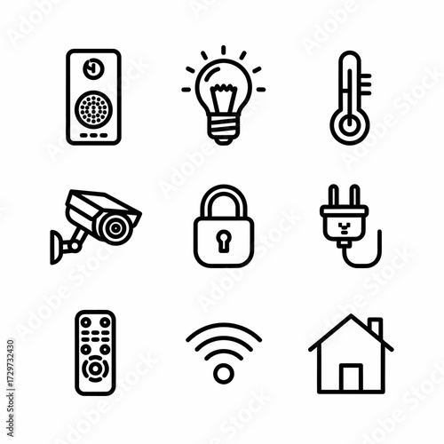 Smart home automation system icons depicting interconnected devices and appliances concept