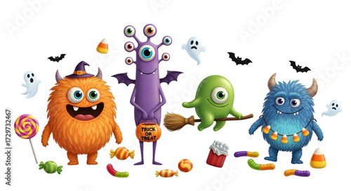 Cute halloween cartoon monsters collection isolated on white background