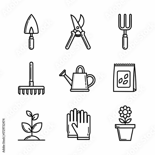Gardening tools and plant icons set, outline vector design for agricultural activities  and hobbies