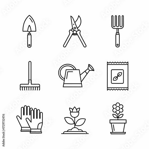 Collection of simple gardening tools and plant icons in outline style illustration