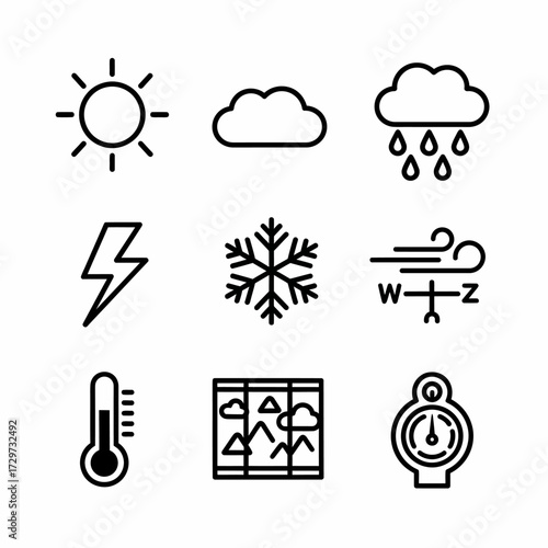 Weather icon set displaying diverse atmospheric conditions and navigational tools clearly