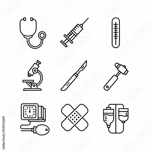 Essential medical tools and equipment icons set design for healthcare and assistance