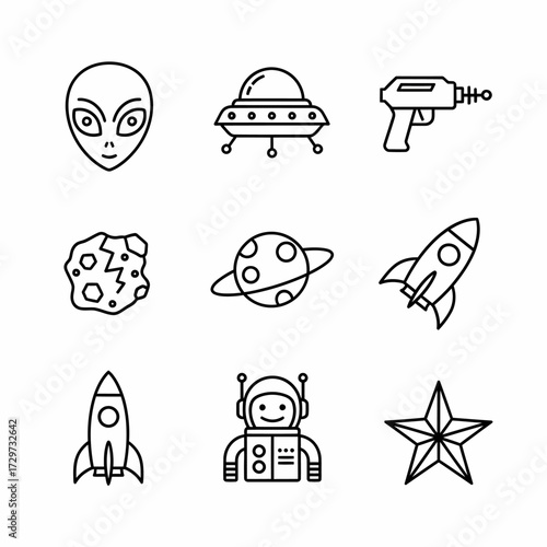 Space exploration themed icons collection featuring alien astronaut spaceship and other cosmic