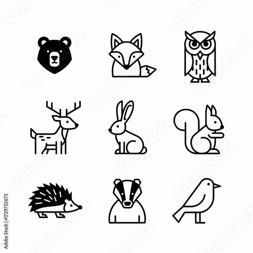 Minimalist line art animal icons collection featuring bear fox owl deer rabbit and diverse wildlife