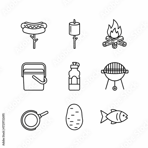 Collection of simple outline icons representing barbecue and campfire related elements