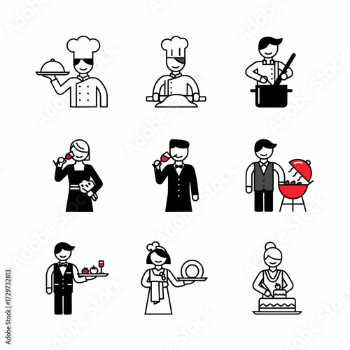Collection of culinary professionals icons representing diverse food preparation roles and skills