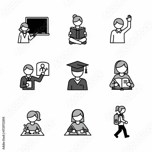 Diverse educational icons representing teachers students and academic pursuits in monochrome design