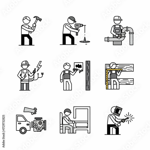Diverse tradespeople icons depicting various construction repair and maintenance professions