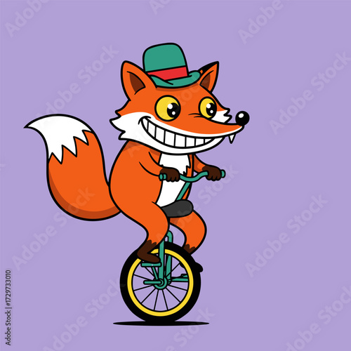 Grinning cartoon fox wearing a green hat rides a yellow-green unicycle on a light purple background.