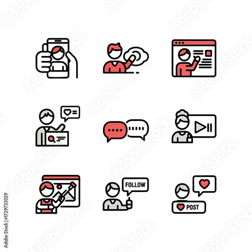 Diverse social media engagement icons displaying online interactions and user activities